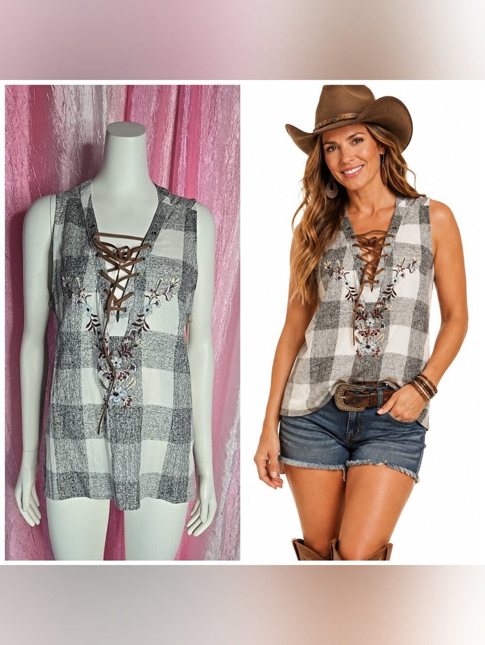 Shyanne Boot Barn Buffalo Plaid Embroidered Western Cowgirl Tank Top Size Large